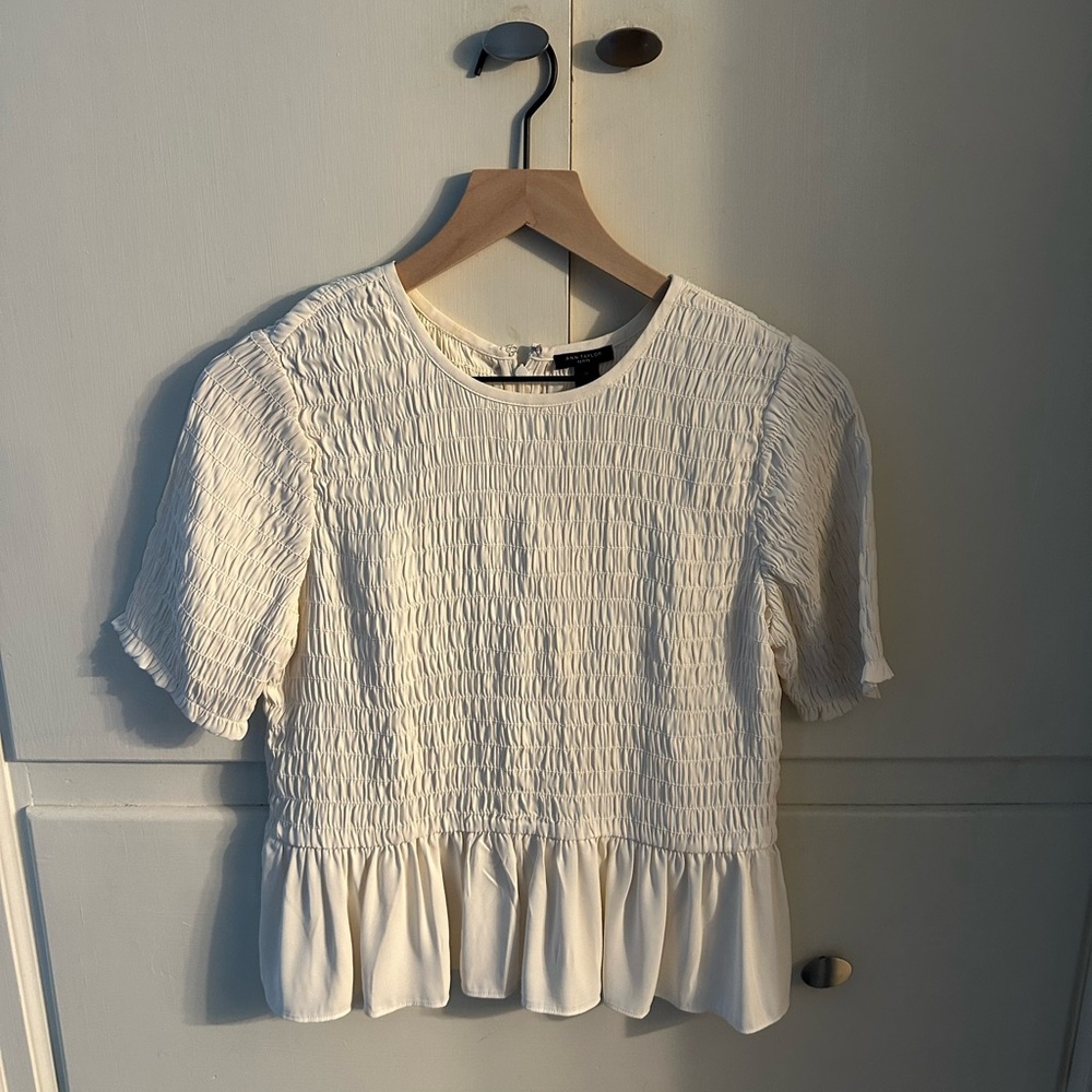 Ann Taylor Cream Smocked Peplum Blouse